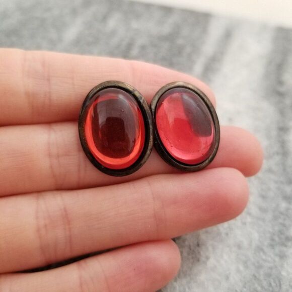 Vintage Red Cabochon Post Earrings, Minimal Simple Earrings, - Picture 1 of 5